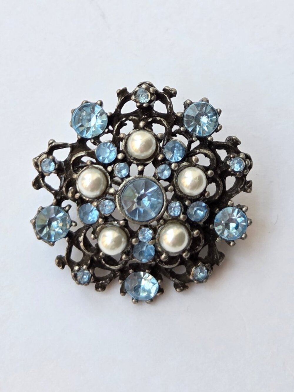 Blue Rhinestone, Faux Pearl & Antiqued Pewter Tone Brooch